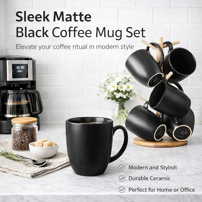 AmorArc 12oz Coffee Mugs Set of 6, Large Coffee Mugs for Men Women Dad Mom, Ceramic Coffee Cups with Large Handle for Tea/Latte/Cappuccino/Cocoa. Dishwasher&Microwave Safe, Matte Black