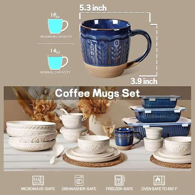 Artena Ceramic Coffee Mugs Set of 4, 16oz Embossed Large Latte Mugs Coffee Cups with Handle for Tea, Latte, Cappuccino & Cocoa, Milk Dishwasher & Microwave Safe, Blue (Wheat Leaf)