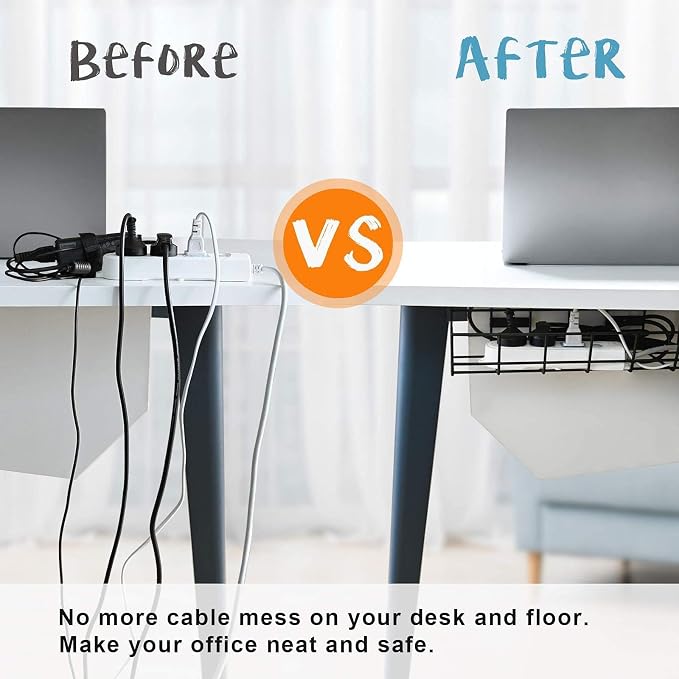 Under Desk Cable Management- 1 Pack Cord Organizer. Metal Wire Cable Management Tray for Office, Studio and Home. Super Sturdy Under Table Cable Raceways Management - Black Cable Organizer