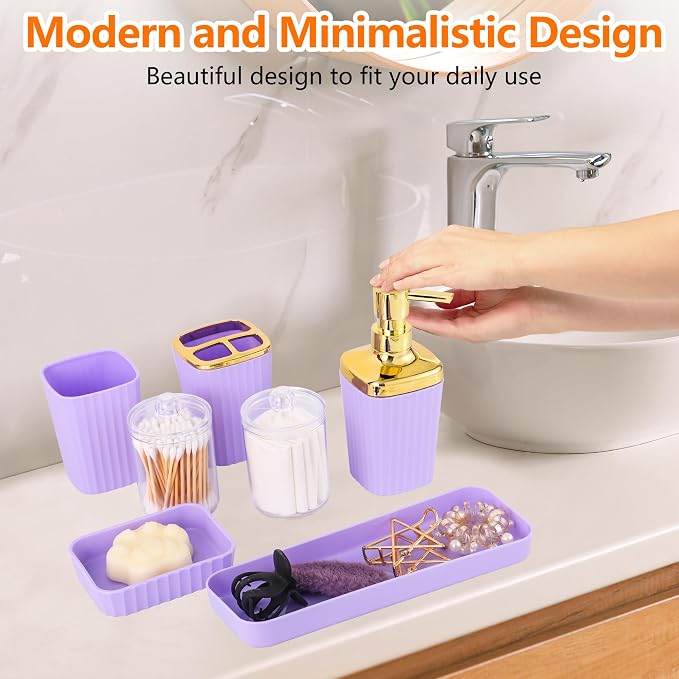 Bathroom Accessory Set,9 Pieces Purple Bathroom Accessories Set with Trash Can, Toothbrush Holder, Soap Dispenser, Toothbrush Cup, Vanity Tray, Soap Dish, Toilet Brush, Qtip Holder