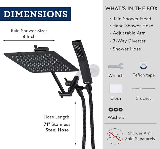 G-Promise All Metal 8 Inch Dual Square Shower Head with Handheld Spray Combo, Rain Shower Head, Adjustable Extension Arm, 3-Way Diverter, 71 Inch Extra Long Hose - A Bathroom Upgrade (Matte Black)