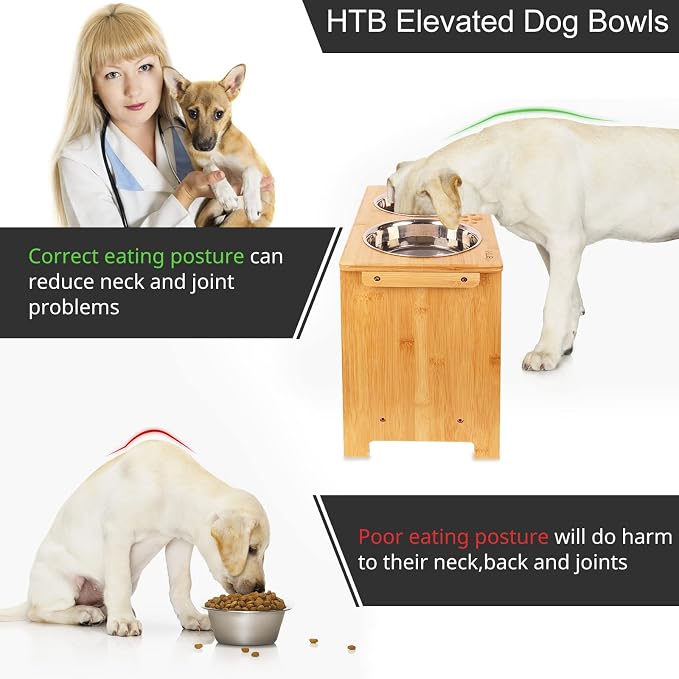 HTB Elevated Dog Bowl Stand with 2 Stainless Steel Bowls-14 H XLarge Bamboo | Raised Dog Bowl Stand, 14"tall, 48 Oz Bowls, for Large Sized Dogs, Pet-safe, Solid Bamboo