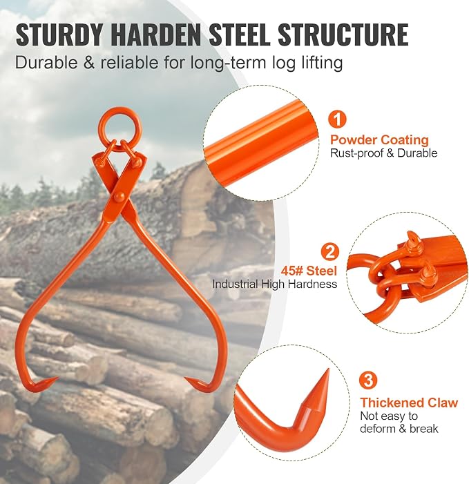 VEVOR Log Skidding Tongs, 32 inch 2 Claw Log Lifting Tongs, Heavy Duty Steel Lumber Skidding Tongs, 1543 lbs/700 kg Loading Capacity, Log Lifting, Handling, Dragging & Carrying Tool