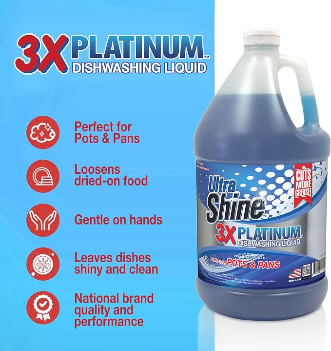 Ultra Shine™ 4 Pack 3X Platinum™ Dishwashing Liquid, Powerful Grease Remover, 1 Gallon - Concentrated Dish Cleaner Soap for Commercial Kitchens, Restaurants & Home Cleaning, Gentle on Hands & Skin