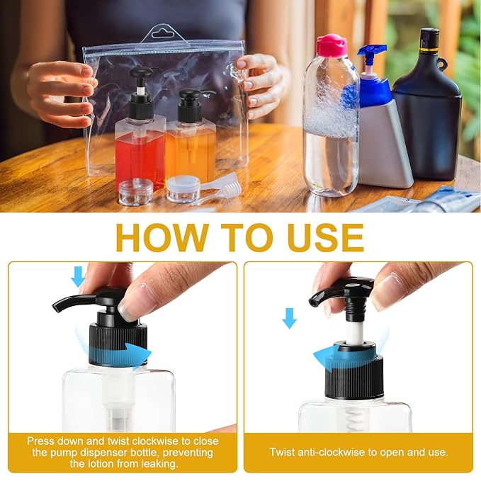Domensi 100ml /3.4 oz Pump Bottle Mini Travel Bottles Small Dispenser Containers Plastic Pump Lotion Dispenser Empty Square Travel Size Containers Toiletries