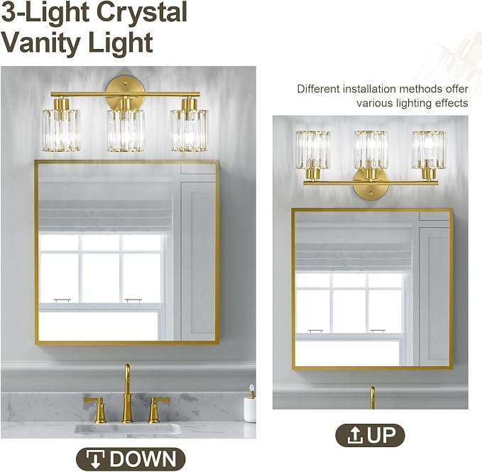 Crystal Bathroom Light Fixtures, Bathroom Lighting Fixtures Over Mirror, Modern 3-Light Gold Vanity Lights for Mirror, Restroom, Kitchen(Ceramic E26 Socket,Bulbs Not Include)
