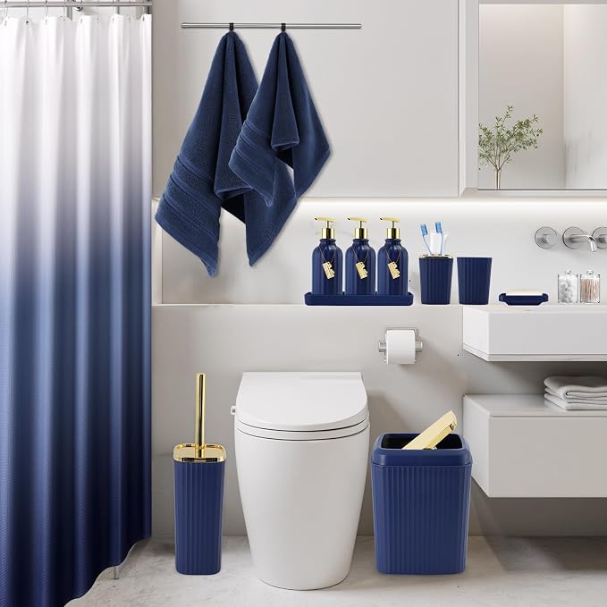 32PCS Bathroom Accessories Set Bathroom Set,Navy Blue Shower Curtain Set,Bath Towel Set,Hand Towel,Toilet Brush,Trash Can & 3PCS Soap Dispenser