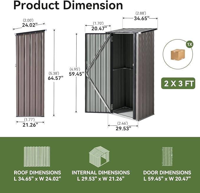 Aoxun 3’x2.1’ Shed Outdoor Storage Shed, Brown | Metal Shed with Lockable Doors & Slooping Roof Garden Tool Shed for Backyard, Patio, Poolside