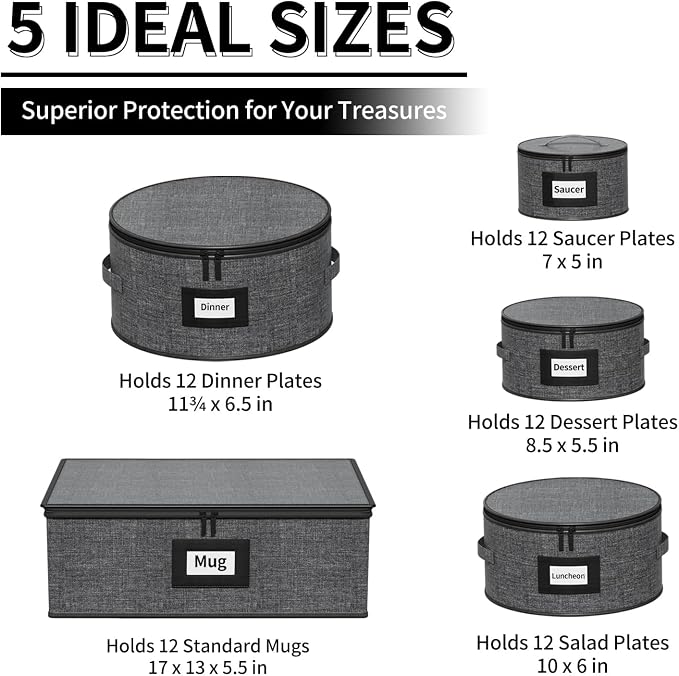 Aokeyee 5-Piece China Storage Containers Set, Hard Shell Moving Boxes for Dishes, Plates & Mugs – Dinnerware Organizer with Soft Felt Dividers, Sturdy Handles & Zippers, Grey