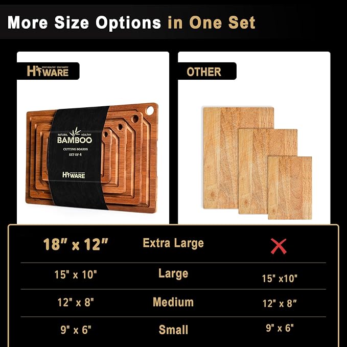 Hiware 4 Pieces Extra Large Wooden Cutting Boards Set- Bamboo Cutting Boards for Kitchen Meal Prep & Serving, Cutting Board with Deep Juice Groove & Built-in Handles, Charcuterie & Chopping Board