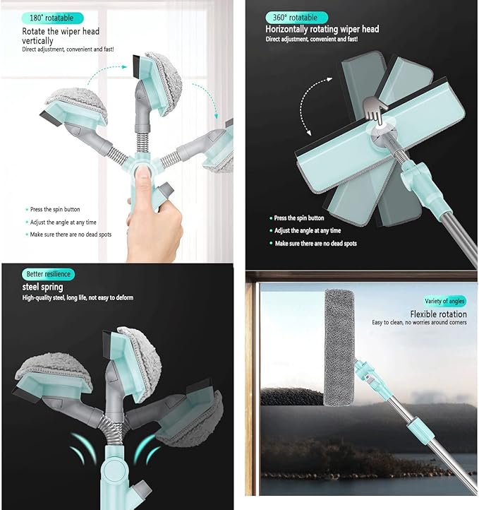 Window Cleaner Tool Kit with Telescopic U Shaped Pole,Squeegee for Window Washing,Water Sprayable,Rotatable Cleaning Head,Clean Inside and Outside Windows Without Leaving Dead Ends