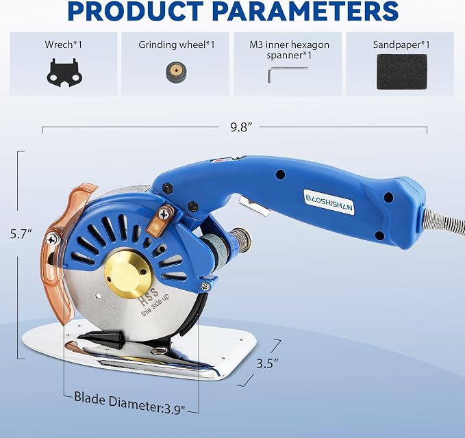 BAOSHISHAN 100mm Plug-in Electric Fabric Rotary Cutter Heavy Duty | Speed Adjustable Round Blade Fabric Cutting Machine for ≤1.06 inch Thickness Multilayer Fabric Leather Cloth Carpet (Blue)