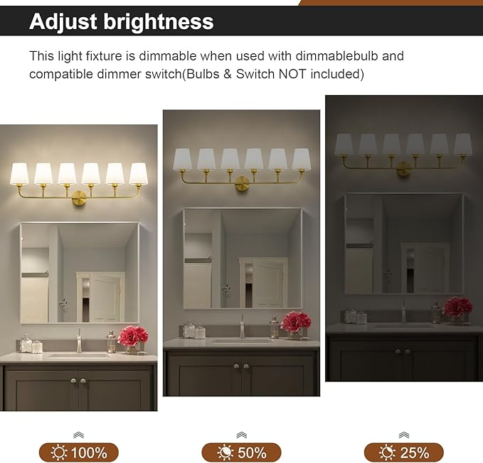 Bathroom Vanity Light, Brushed Gold Bathroom Light Fixtures, 6-Light Lighting Fixtures Over Mirror, Modern Wall Sconce with Flared White Fabric Shade, E26 Socket(ETL Listed)