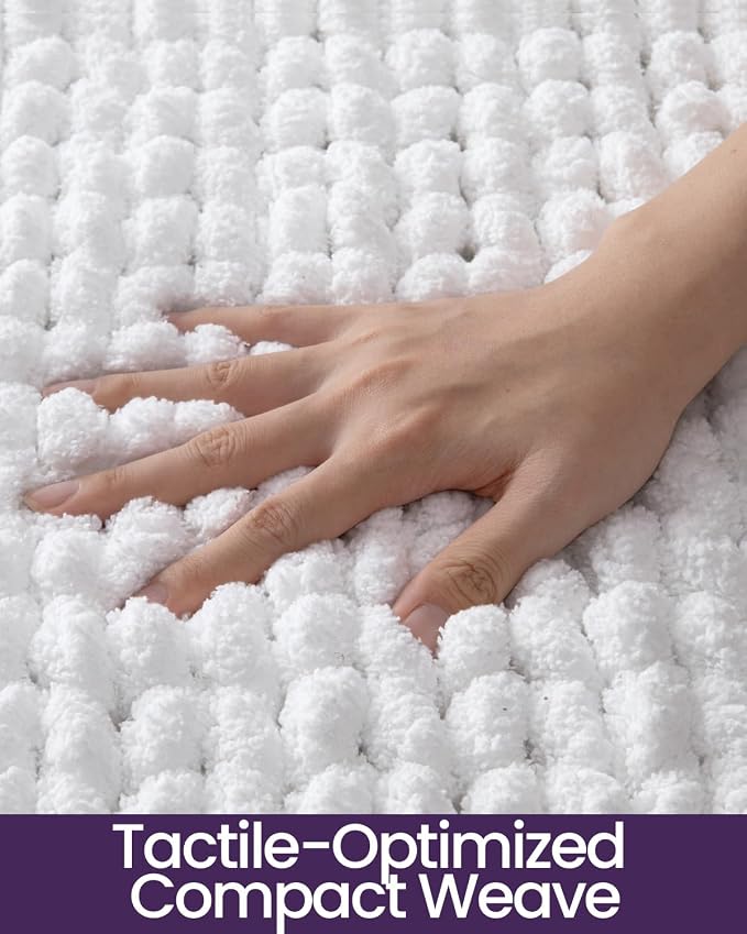 DEXI Bathroom Rugs 30x17, Non Slip Washable Bath Mat, Luxury Chenille Super Absorbent Ultra Thick Bathmats for Shower Floor, Plush Fluffy Shaggy Carpet for Tub, White
