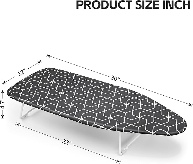 Small Ironing Board top with Heat Resistant Cover, Compact Mini Ironing Board with Metal mesh Frame,for Dorm,Apartment and Travel, Hook for Hanging, Iron Board, Iron Table Stand 12”×30” Dark Gray
