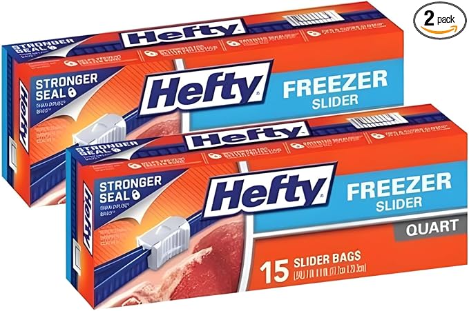 Hefty Freezer Slider Bags, Quart Size Food Storage Bags with Easy Slide Closure for Freezing, Meal Prep and Kitchen Organization, 15 Count (Pack of 2)
