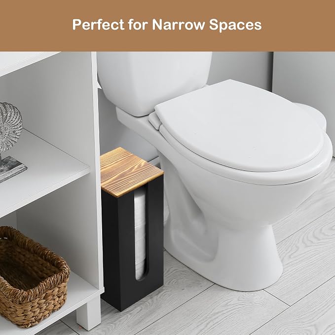 OUTNILI Freestanding Toilet Paper Holder Stand with Lid, Black Wooden Toilet Paper Storage Organizer for Bathroom Floor, Rustic Farmhouse Toilet Paper Storage Holds 3 Extra Large Rolls