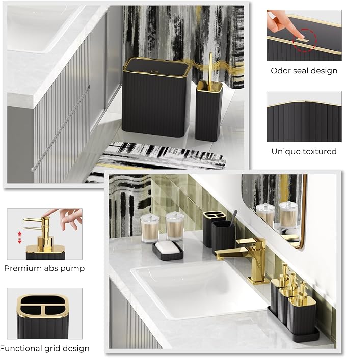 Bathroom Set - Bathroom Accessory Set, Black Bathroom Set, 26PC Bathroom Sets with Shower Curtain and Rugs, Toilet Brush, Trash Can, Qtip Holder & Bathroom Soap Dispenser Set
