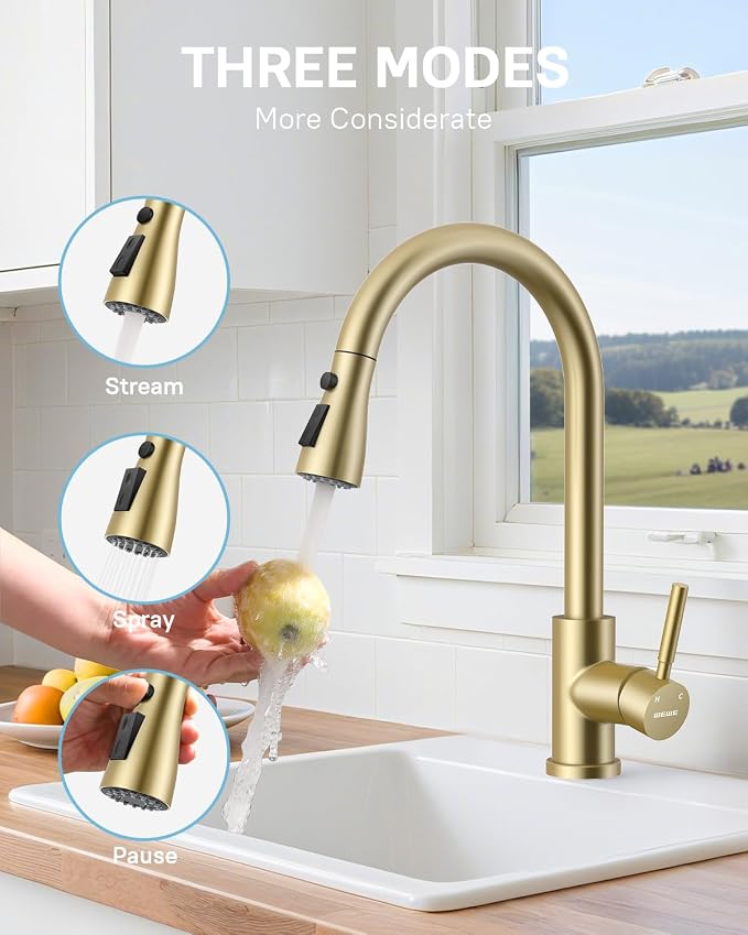 WEWE Kitchen Faucet with Pull Down Sprayer and Soap Dispenser, Gold High Arc Single Handle Stainless Steel Sink Faucet, Suitable for Farmhouse, RV & Laundry