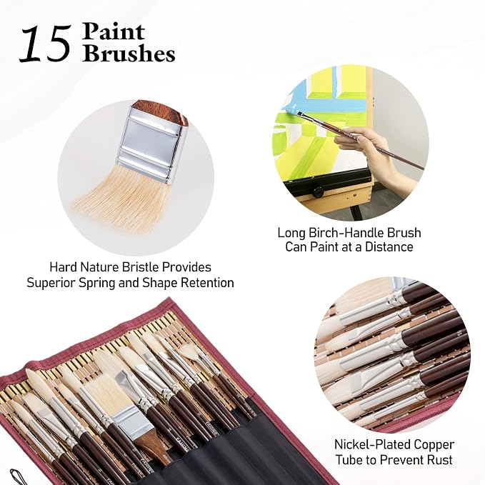 Falling in Art Natural Bristle Professional Paintbrush Set, 15PCS Long Handle Brushes for Acrylic Painting, Oil Paint Brushes of Fan, Round, Flat, Angled, and, Filbert with Storage Pouch, Brown