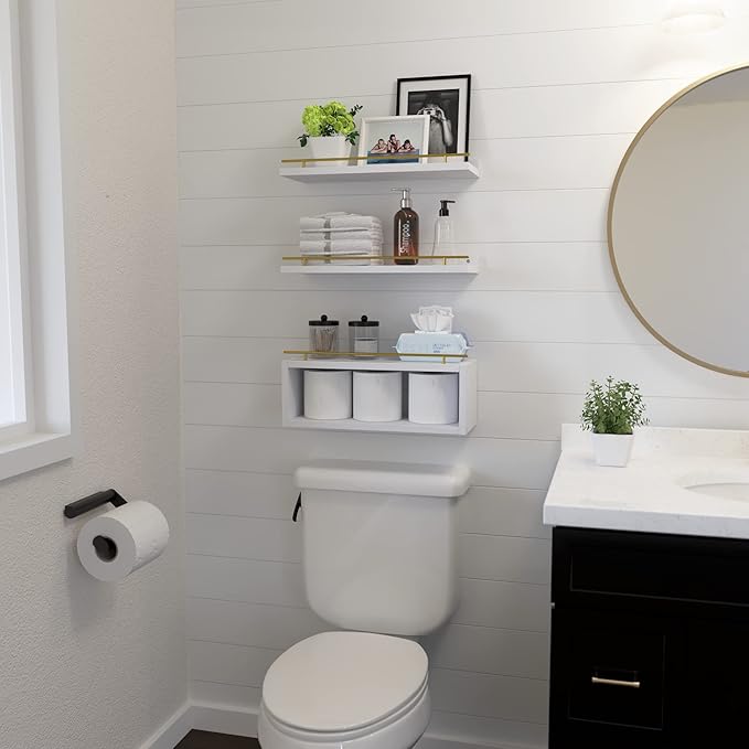 WOPITUES Floating Shelves for Wall with Cube Shelf, Wall Shelves with Metal Rail for Decor, Bathroom Organizers and Storage, Over Toilet Shelves for Bathroom, Toilet Paper-White&Gold