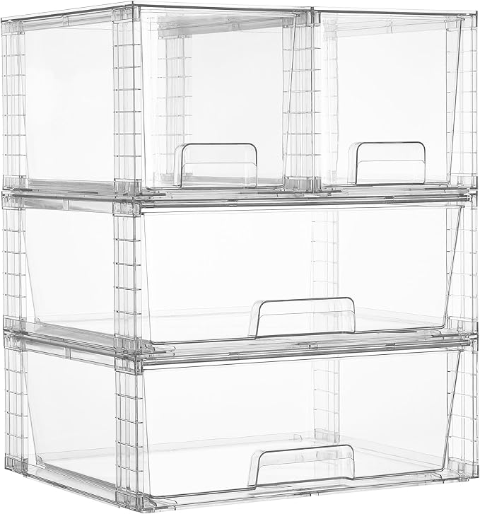 Vtopmart 4 Pack Stackable Storage Drawers, Easily Assemble Clear Plastic Organizer Bins, 2 Wide Drawers and 2 Medium Drawers for Pantry, Kitchen Cabinet, Bathroom, Closet Organization and Storage