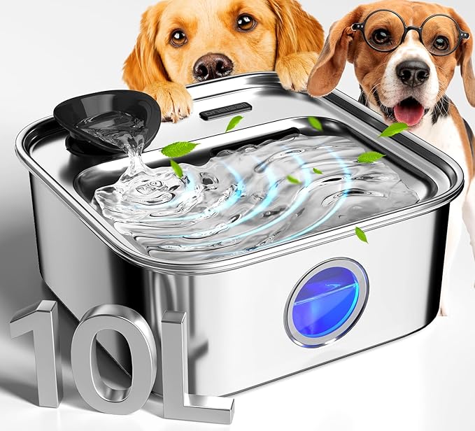 oneisall 10L/2.6Gal Dog Water Fountain for Large Dogs (with 1 Filter) | Deeper & Wider Drinking Area, Visualization Window & Triple Filtration,304 Stainless Steel Dog Water Bowl Dispenser