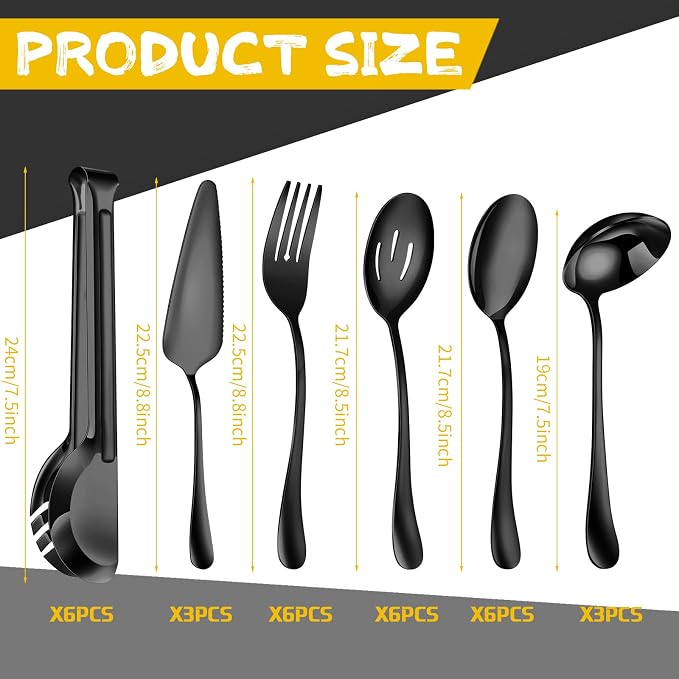 Thenshop 30 Pcs Serving Utensils Set Stainless Steel Flatware Serving Set Include Large Spoons Slotted Spoons Forks Soup Ladle Pie Server and Tongs for Buffet Catering Party Restaurant(Black)