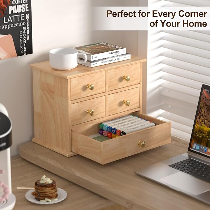 Oak Desk Organizer with Drawers, Wooden Desktop Storage Box with Metal Handles & Non-Slip Silicone Pads, 5 Drawer Tabletop Organizer for Office, Bedroom, Bathroom, Vanity, and Makeup – Natural Oak