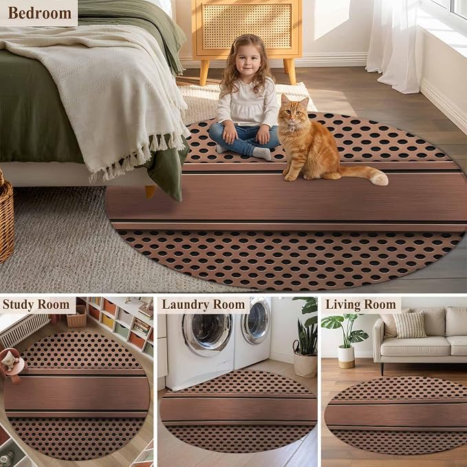 4 Ft Round Rug for Home Office, Brown Metal Hole Indoor Accent Rugs for Living Room, Copper Net Eye Hole Pattern Decorative Circle Carpet Washable Low Pile Non Slip, Soft Rug for Bedroom