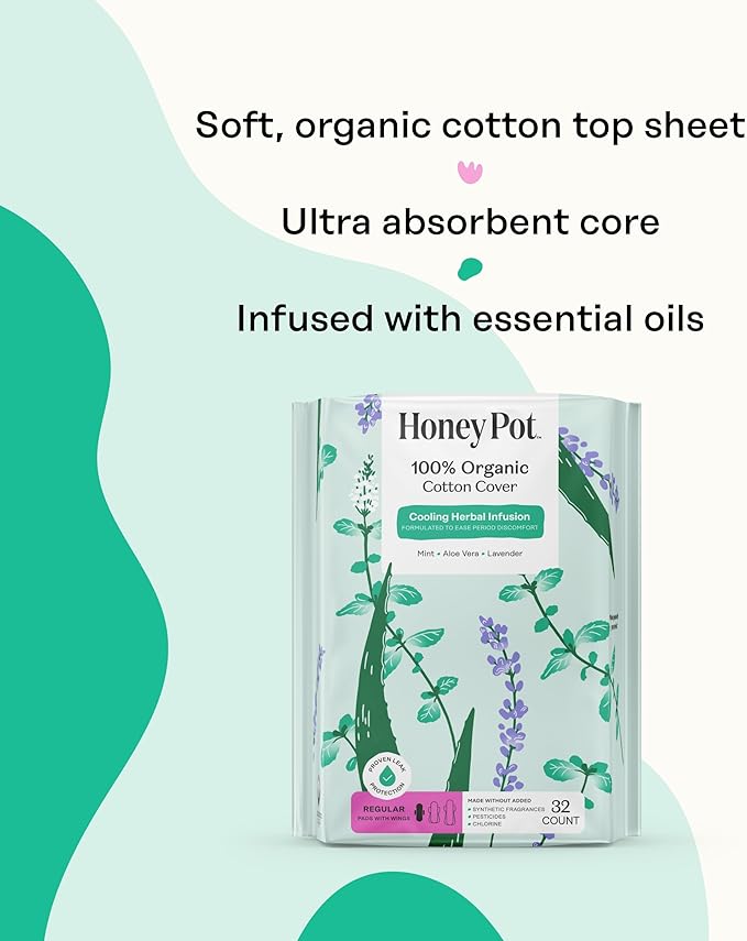 Honey Pot - Herbal Sanitary Pads for Women - Regular Flow w/Wings - Infused w/Essential Oils for Cooling Effect & Organic Cotton Cover – Medium Pack - Feminine Care - 32 ct