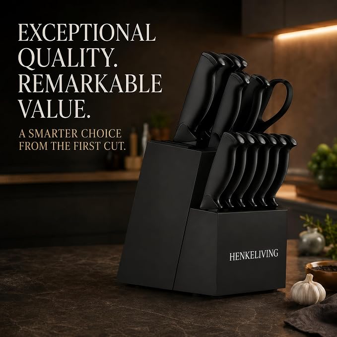 14-Piece Black Kitchen Knife Block Set with Built-In Sharpener | German high-carbon stainless steel blades, dishwasher safe, ultra-sharp edges, ergonomic non-slip handles