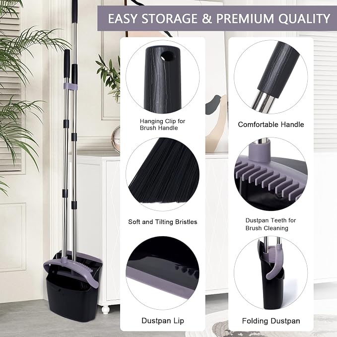 Broom and Dustpan Set, Dustpans with Broom Combo for Home, Heavy Dust Broom and Dustpan Combo, Long Handle Dust Pan and Broom Set for Kitchen, Office, Pet Hair, Charcoal Color, Pack of 1