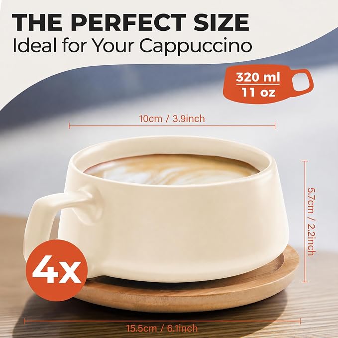 MIAMIO - Cappuccino Cup Set of 4, Ceramic Mugs (9.5oz) - Luxe (Cream Rose) | Ceramic cappuccino cups with saucers, wide latte cups and mugs for Americano, 4-piece set of ceramic cups - dishwasher safe