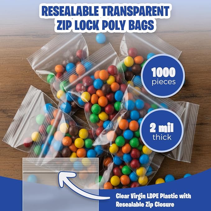 Seal Fresh 2 x 3 Inch Resealable Plastic Bags 1000 Pack — Clear Reclosable Mini Bags with Zipper Seal for Jewelry, Beads, Small Parts, Crafts, Hardware