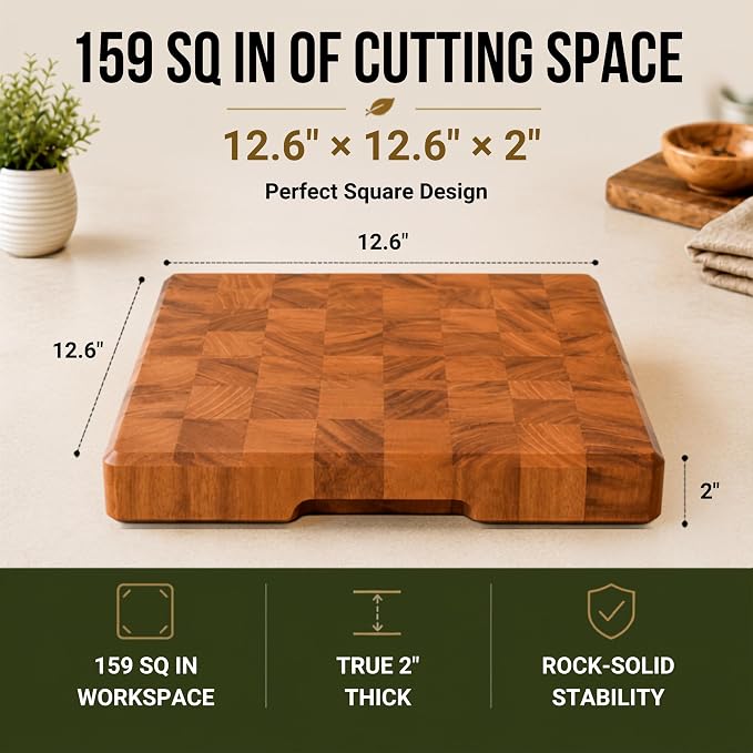 SHUMARU Mahogany End Grain Cutting Board 12.6×12.6×2 in with Holder – Handmade Checkered Butcher Block, Knife-Friendly, Non-Slip Feet, Ergonomic Handles