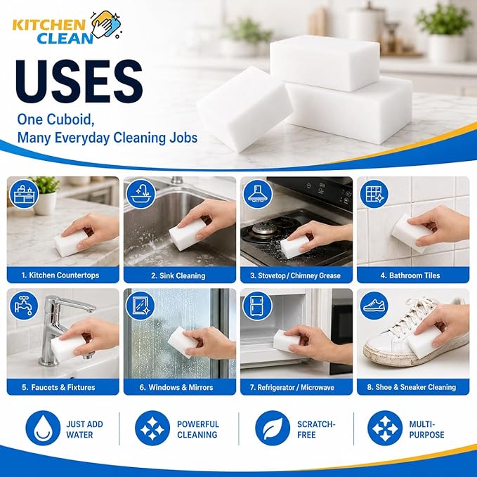 ™ Magic Eraser Cuboids | Chemical Free Multipurpose Nano-tech Magic Sponge | Switch Boards Taps Wall Stain Remover Glass Shoes Sneakers Cleaning Sponge Cut Cuboids (Pack of 10 Cuboids)