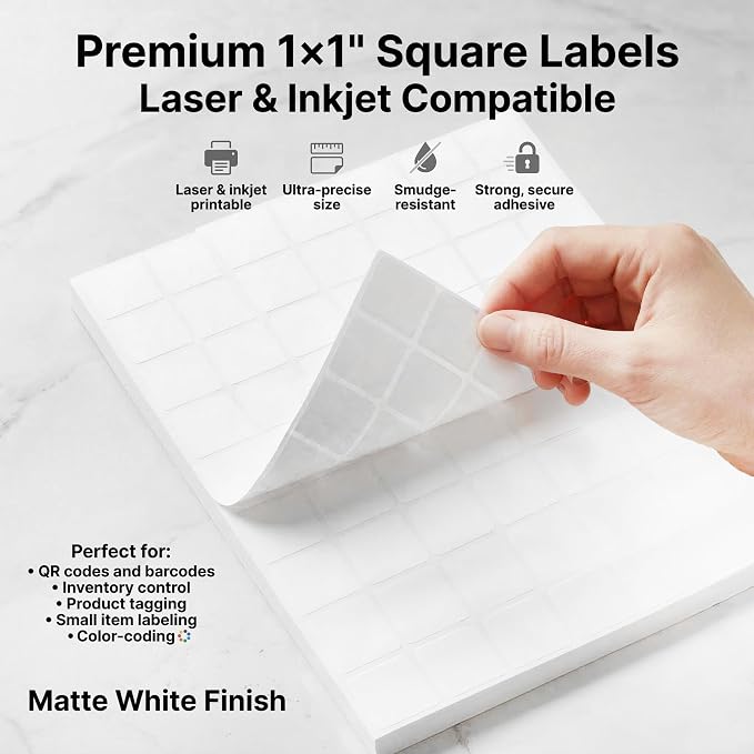 1" X 1" Matte White Printable Labels (500 Sheets, 31500 Stickers) Custom Stickers, Logo and Barcode Stickers for Laser & Inkjet Printers - Spartan Industrial Template S001
