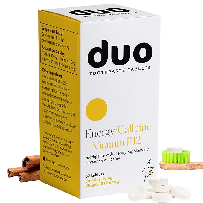 Duo Energy Toothpaste Tablets, Caffeine B12, Nano-Hydroxyapatite, 62 Count | Caffeine + B12, nHa, whitening, remineralizing, sensitivity care, plastic-free, cinnamon mint chai, 62 toothpaste tablets