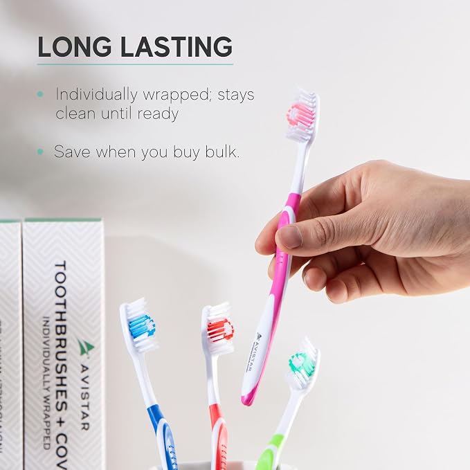 104 Pack Bulk Toothbrushes w/ Cover Caps, Individually Wrapped Disposable Travel Toothbrush, Value Size, Long Lasting 3+ Months, Med-Soft Manual Teeth Brush Bristles, 4 Colors (Red Green Blue Pink)