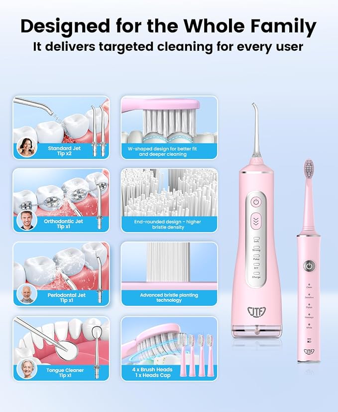 JTF Electric Toothbrush & Water Flosser Combo, 2-1 Portable Oral Clean Kit | Effective Yet Gentle Brushing & Flossing, Multiple Modes for Braces & Sensitive Teeth Care, Cordless for Home Travel, Pink