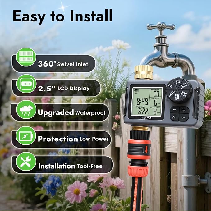 Water Timer for Garden Hose with 100% Brass Pipe, Programmable Sprinkler Controller for Garden Faucet with Auto/Manual/Rain Delay Mode, Irrigation Timers for Lawn, Yard, Outdoor Plants