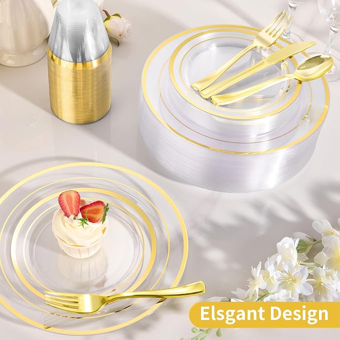 Goodluck 600 Pieces Clear Gold Plates for 100 Guests, Plastic Plates for Party, Dinnerware Set of 100 Dinner and 100 Dessert Plates, 100 Spoons, 100 Forks, 100 Knives, 100 Cups
