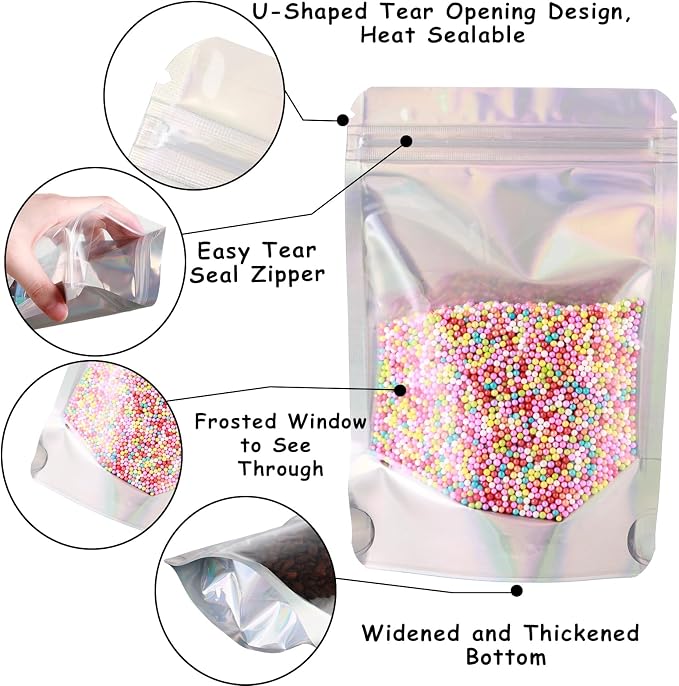 150 Pcs Mylar Bags for Food Storage, 4x6 Mylar Bag with Window Stand Up, Small Holographic Resealable Bags Smell Proof Bag Food Packaging for Small Business Freeze Dried Candy Jewelry Foil Packaging