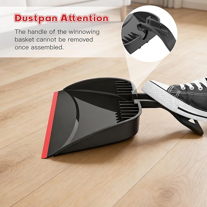 Broom and Step-on Dustpan Set, 59-in Adjustable Long Handle Broom with Dustpan Combo Set Outdoor Angle Broom for Sweeping Indoor Dust Pet Hair for Cleaning Kitchen Garage Deck Patio, Black&Red