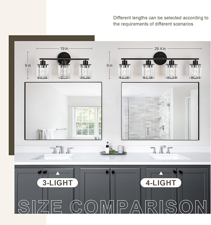 Crystal Bathroom Light Fixtures, Bathroom Lighting Fixtures Over Mirror, Modern Black 3-Light Vanity Lights for Mirror, Restroom, Bedroom (Ceramic E26 Socket,Bulbs Not Include)