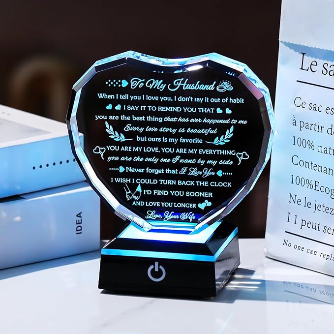 Arikyrist Gifts for Husband from Wife with Colorful LED Base Anniversary Romantic Gifts for Husband Birthday Crystal Keepsake to My Husband I Love You Gifts on Valentine Fathers Day Christmas