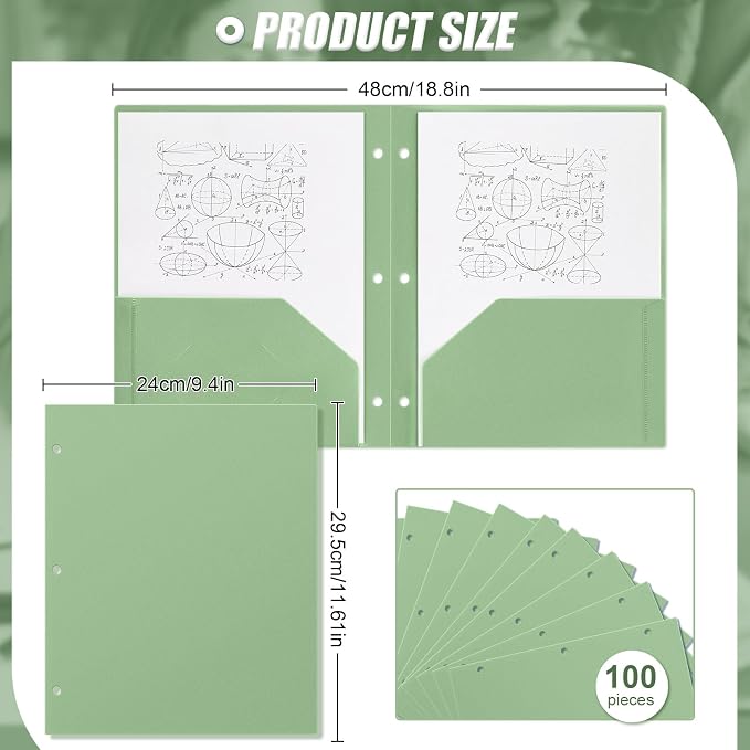 Yeaqee 100 Pcs Plastic Folders with Pockets Bulk 3 Hole Punched 2 Pocket File Folders for 3 Ring Binder Divider Folder for Notebooks, Durable Poly for Office Home (Sage Green)