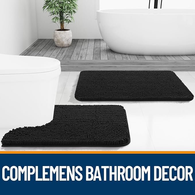 OLANLY Toilet Rugs U-Shaped 20x20, Extra Soft Absorbent Chenille Contour Bathroom Rugs for Toilet, Dry Quickly, Machine Washable, Non-Slip Bath Mat, Black