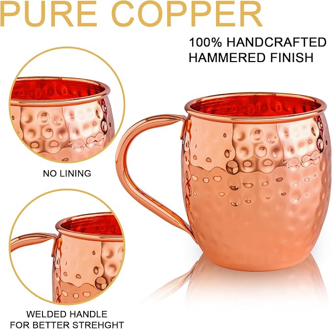 UNISWEET Moscow Mule Copper Mugs-100% Pure Copper Handmade, Classic Welding Handles, 16oz for Drinking, Premium Moscow Mule Copper Cups Set of 4 for Cold Drinks Cocktail Beer Wine Party Bar